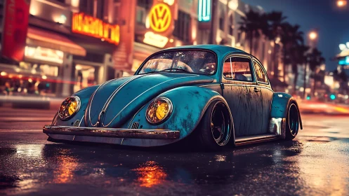 Weathered blue beetle glowing softly on a neon city street.