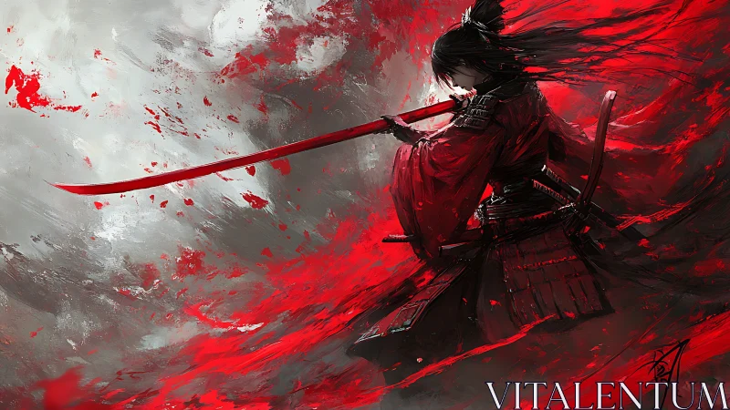 Samurai figure with drawn katana in red and gray field.
