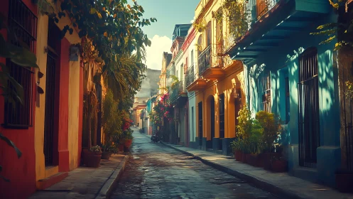Sunlit colonial alley with vivid facades and soft shadows.