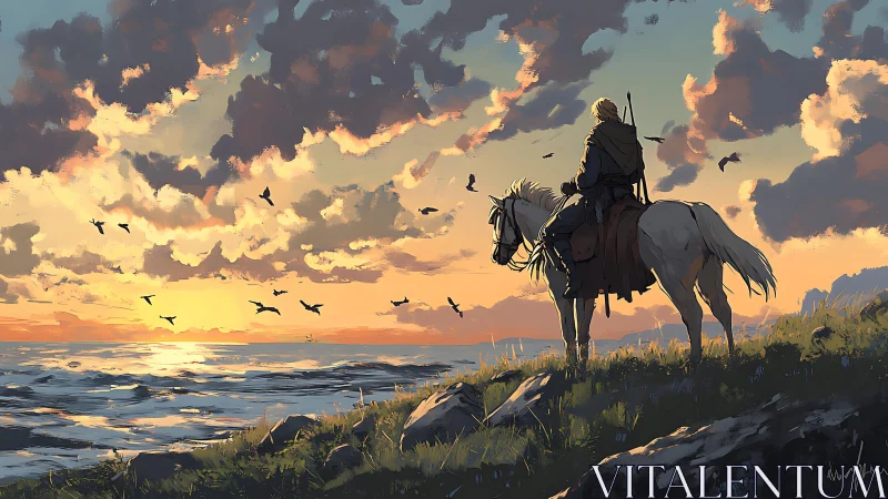 Rider on coastal cliff observes sunset-lit ocean under dynamic clouds