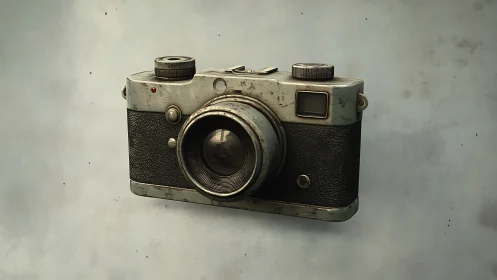 Weathered vintage camera with textured body on gray wall.