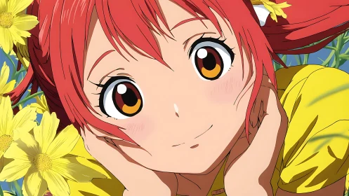 Red haired anime girl in yellow shirt amid yellow flowers.
