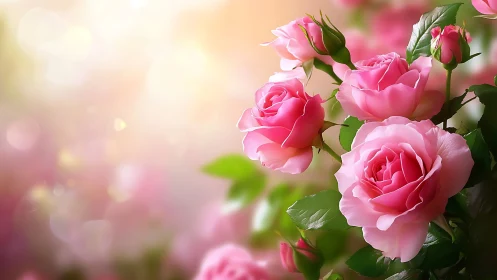 Pink roses illuminated by soft golden light with bokeh background.