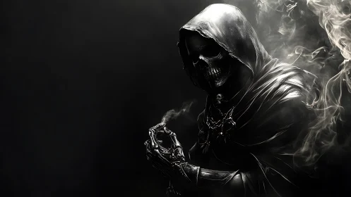 Hooded skeletal wraith in chiaroscuro metallic rendering