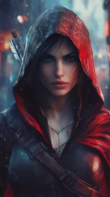 Hooded archer stands in rain with red cloak and gear visible