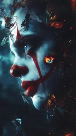 Cinematic clown portrait merges glass shards and neon light