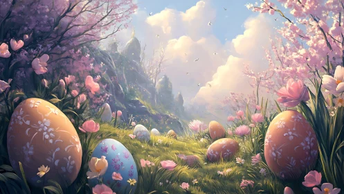 Ornate Easter eggs rest in a luminous spring valley clearing