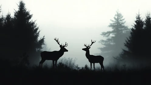 Stag silhouettes stand quietly in a misty forest dawn.