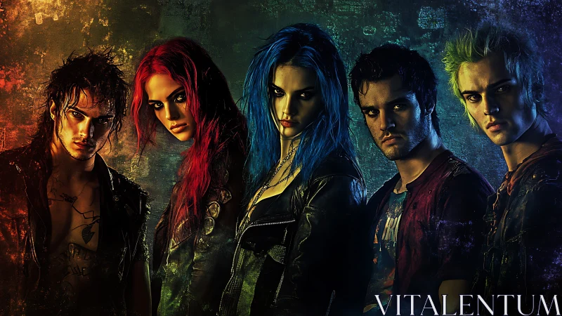 Edgy cyberpunk band stares down viewer in neon-kissed gloom