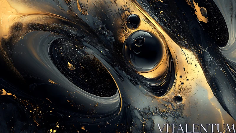 Liquid black and gold spheres suspended in swirling motion
