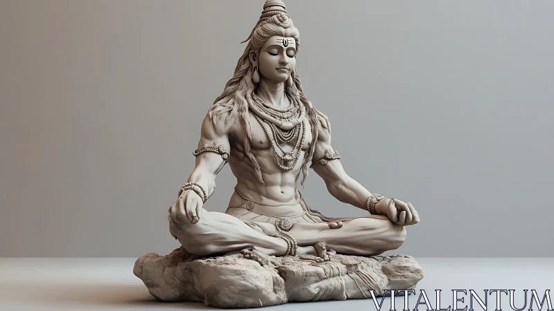 Seated meditative deity sculpture on rock platform, frontal.