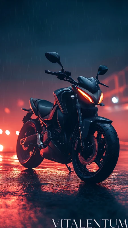 Sport motorcycle on wet asphalt with red neon backlighting.