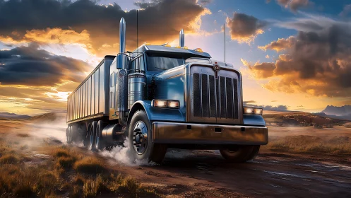 Powerful blue semi truck roars across a sunset dirt highway