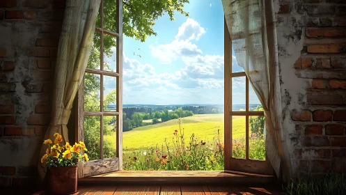 Sunlit rustic window opening onto vivid summer meadow vista.