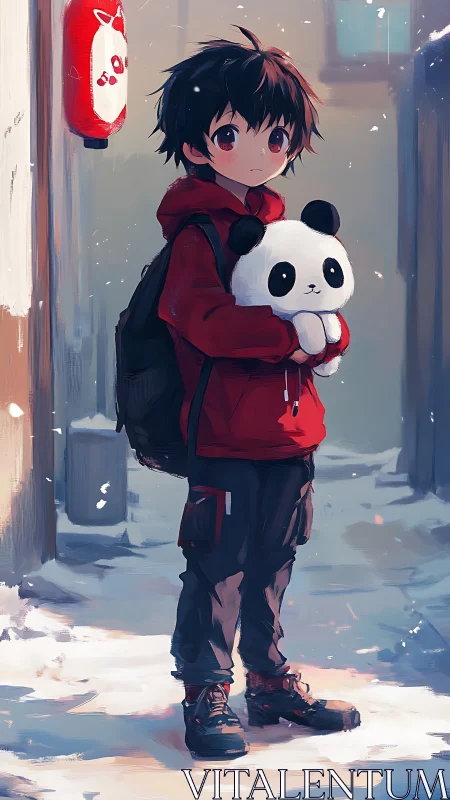 Boy in red hoodie holding panda plush in snowy alley.