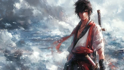 Samurai warrior stands amid stormy abstract seascape