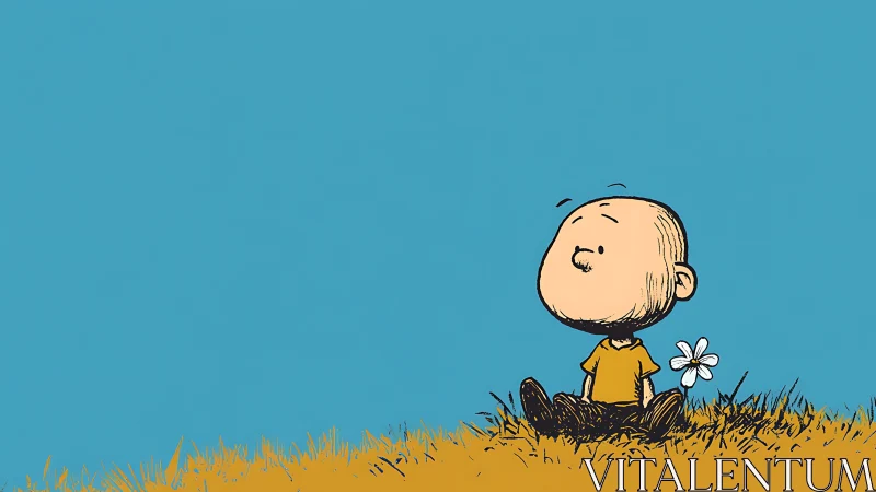 Cartoon child seated in stylized grass observing sky calmly