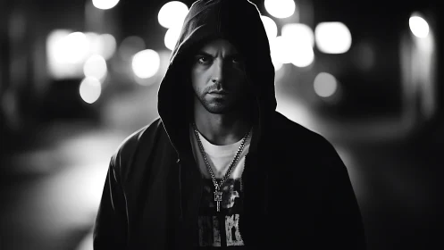 Noir street portrait under shallow depth of field bokeh glow.