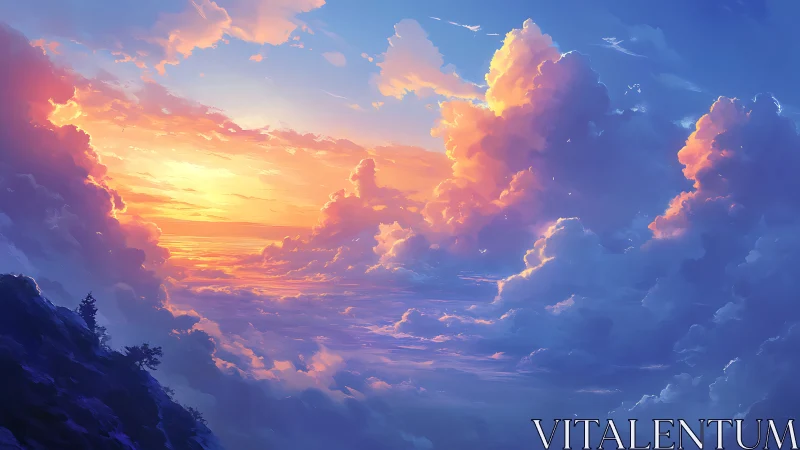 Digital painting sunset cloudscape with luminous gradients.