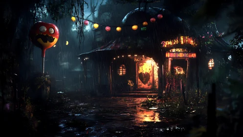 Dystopian Carnival Facade With Luminescent Jack-O-Lantern Signage.