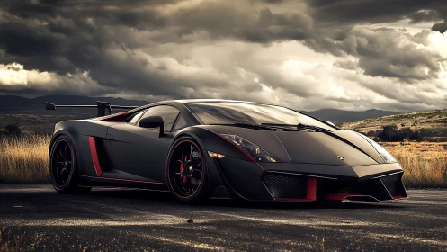 Matte black supercar stands on open road under storm clouds