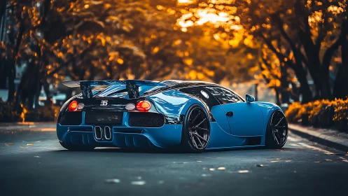 Aerodynamic hypercar rear profile under bokeh-lit boulevard dusk.