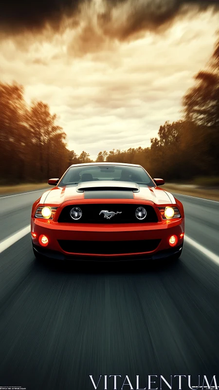 Red muscle car charging down highway beneath storm sky.