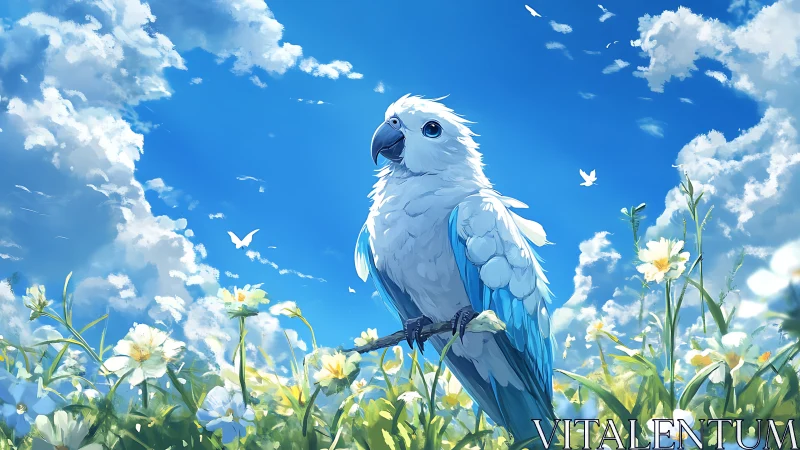 Majestic white and blue parrot in a vibrant anime meadow scene.