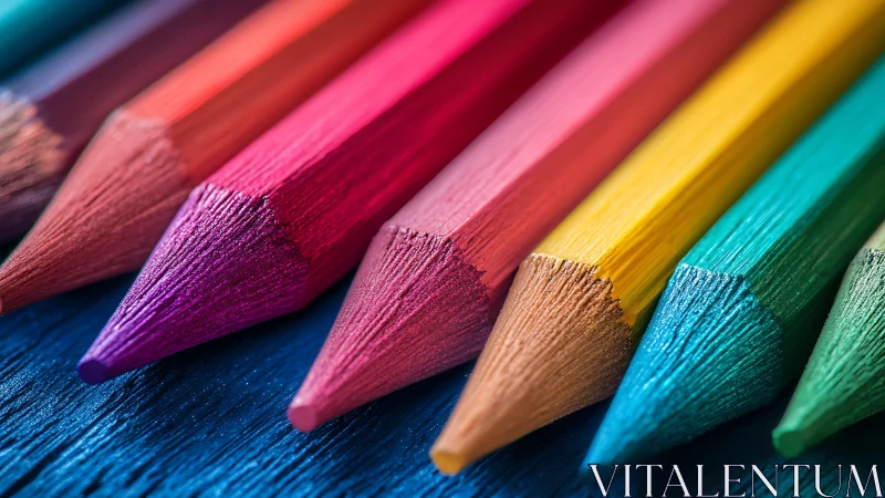 Macro study of sharpened colored pencils on textured wood.
