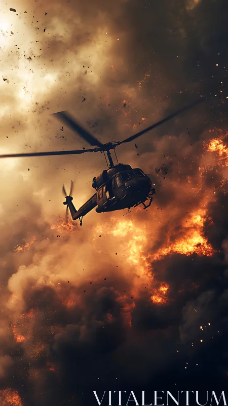 Military helicopter descends through dense firestorm clouds
