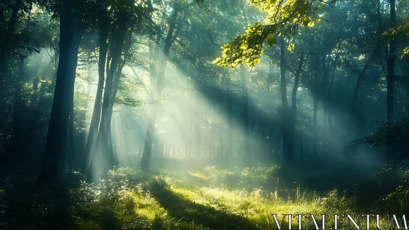 Sunbeams Filtering Through Misty Forest in Dreamlike Morning Light.