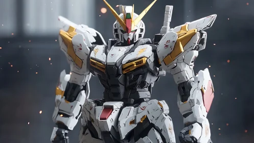 Mecha combat unit in white armor with cinematic sparks.