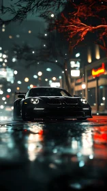 Low-angle hypercar study on rain-soaked neon urban street