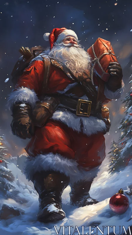 Jolly Santa strides through snowy night with Christmas gift.