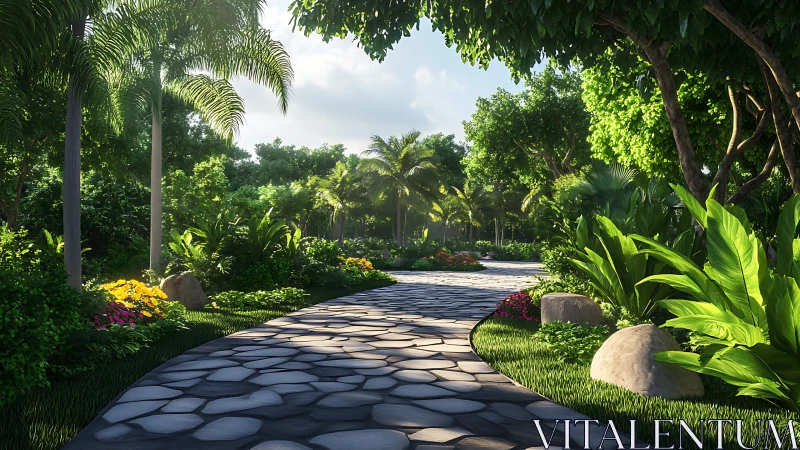 Sunlit stone pathway curves through lush tropical garden.