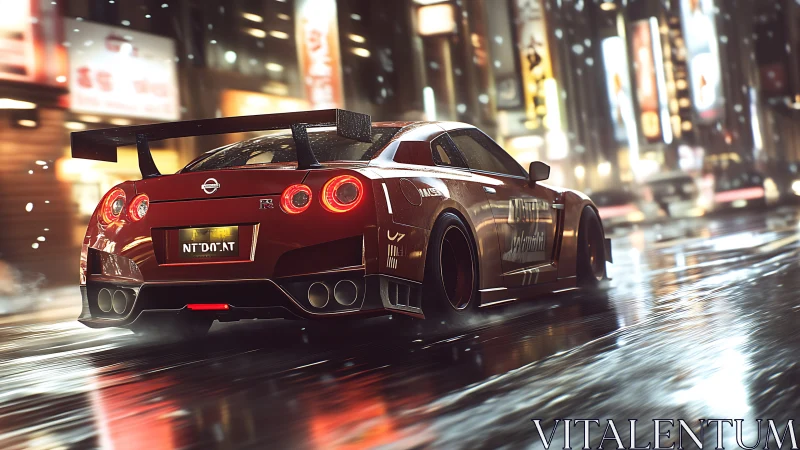 Neon rain sprint with a crimson street-legend GT racer.