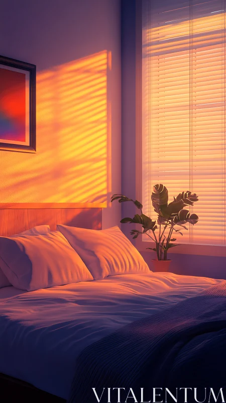 Sunlit bedroom casts bold shadows across crisp linens.