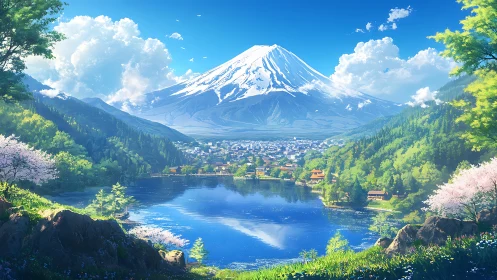 Panoramic digital vista of Mount Fuji above reflective lake basin