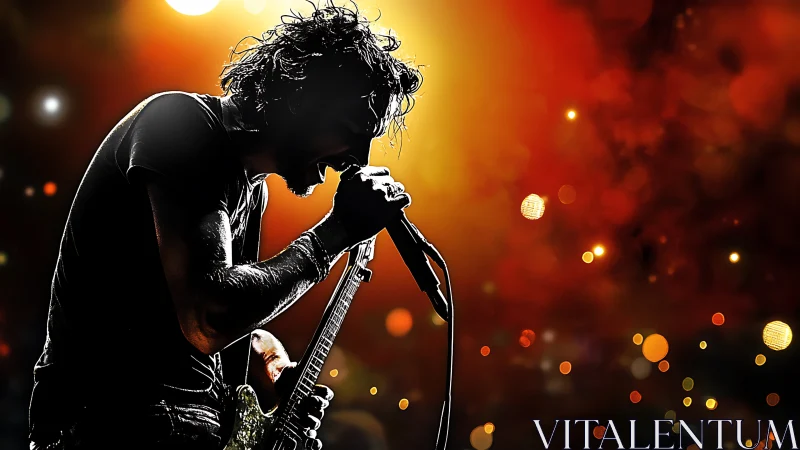 Backlit rocker melts into wildfire bokeh and electric sound