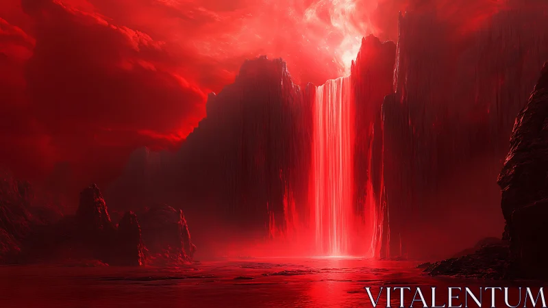 Scarlet abyss waterfall roaring beneath a burning sky.
