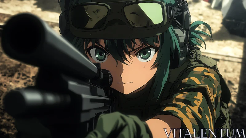 Green-eyed sniper girl locking target in sunlit duststorm.