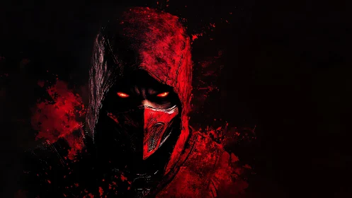 Digital painting of red‑hooded masked rogue in chiaroscuro focus.