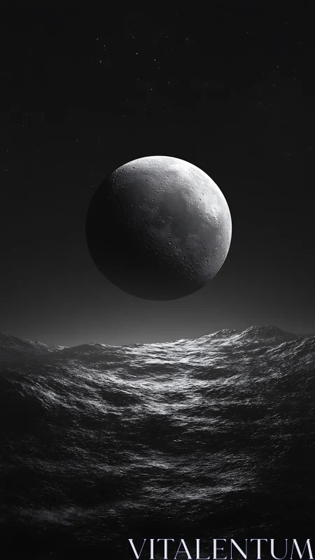 Moon hovers above monochrome ocean under starry sky