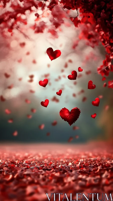 Floating Hearts Dance Through Red Clouds