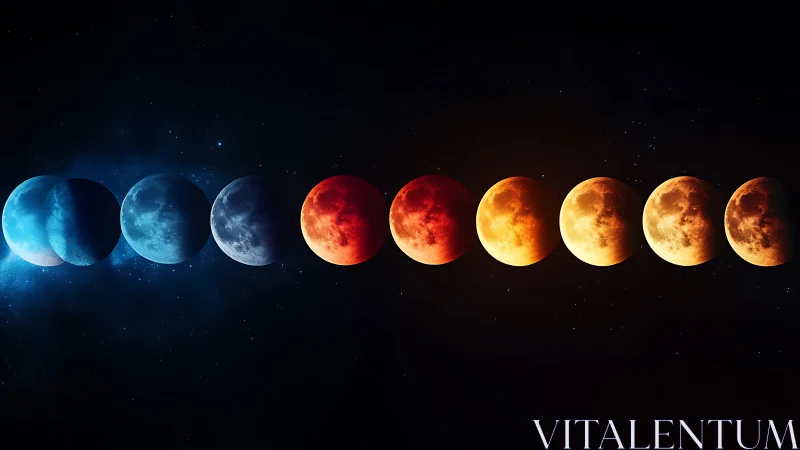 Lunar eclipse phases in vivid blue to red spectrum.