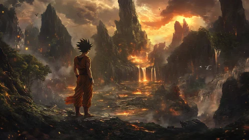 Lone warrior watching a molten valley of falling fire.