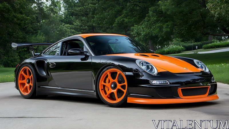 Black and orange sports coupe parked on residential driveway.
