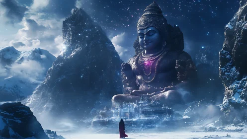 Colossal cosmic deity statue in frozen mountain valley.