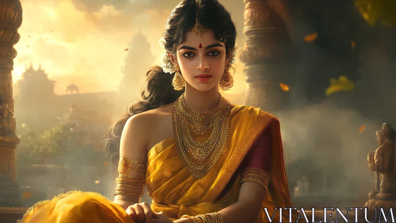 Elegant Indian Woman in Traditional Attire Amidst Temple Scenery.