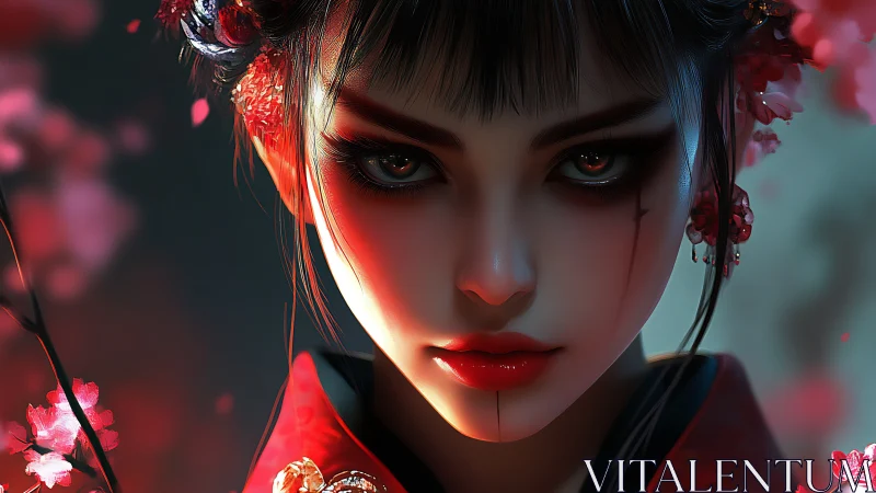 Digital portrait shows intense woman in red floral styling